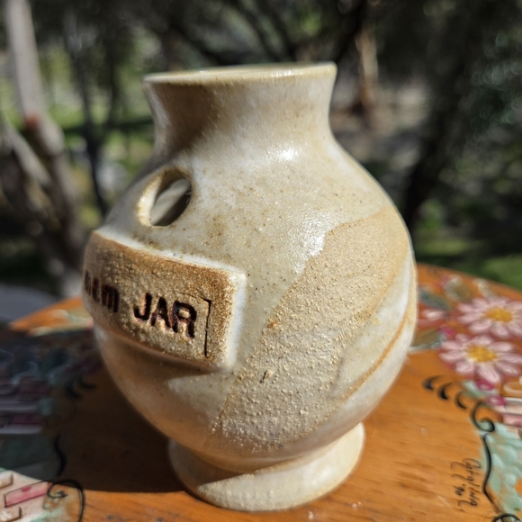 Small Vintage Ceramic m&m JAR Beige Tan Ash Glazed Pottery Vessel Vase W/ Hole - Picture 7 of 17